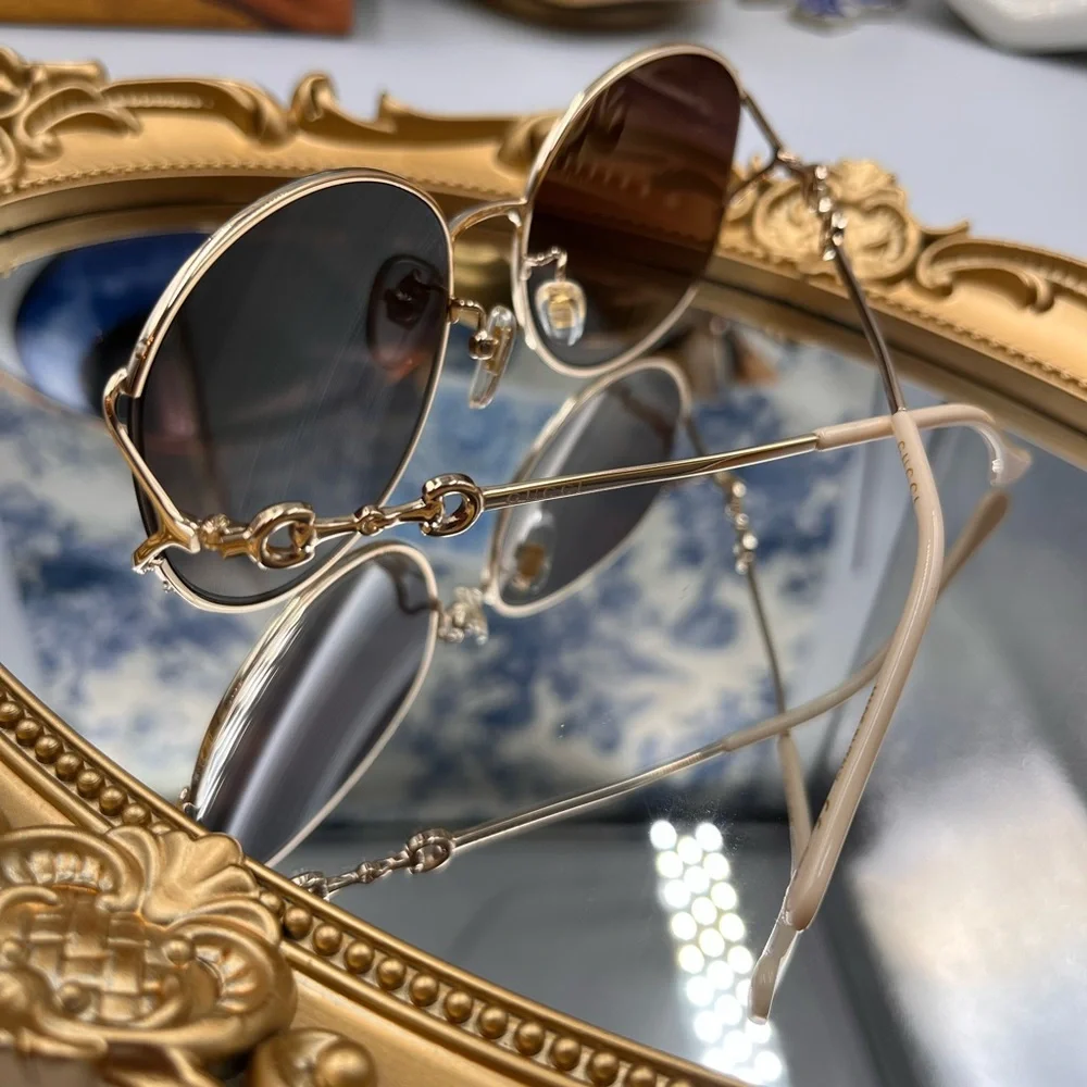 🆕 GUCCI 🧿 NWOT GG1017 Light Gold Metal Rimmed Round Sunglasses Brown Gradient - Picture 7 of 16